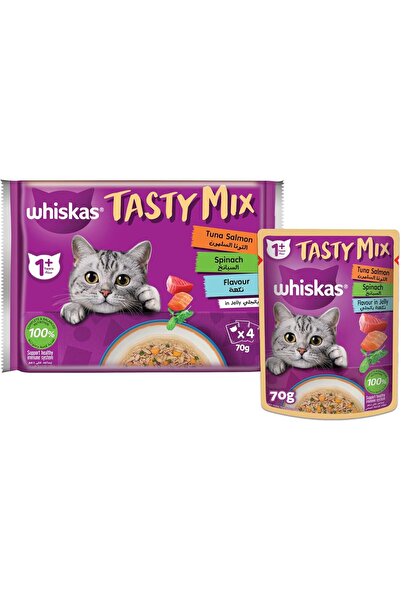 Whiskas طعام القطط الرطب من تيستي ميكس، تونة وسمك السلمون مع السبانخ في الجيل...