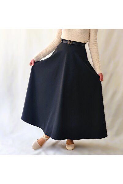 YAXİ Black Woven Fabric High Waist Maxi Length Flare Skirt