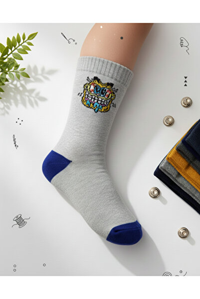 As Çorap Sepeti Çılgın Karakter Temalı Gri & Saks Mavisi 4 'lü Kolej Çorabı