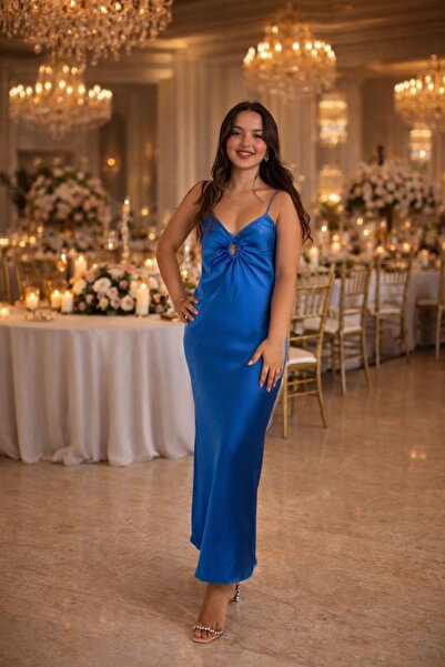 ümitteks iş ve okul kıyafetleri Cobalt Blue Satin Stylish Dress