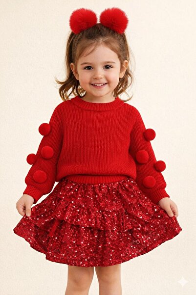 GÜL Baby Pulover tricotat pentru fete cu fustă cu paiete și detaliu cu pompon...