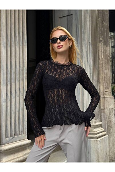 chize Bluză din dantelă cu design elegant, decolteu tip bicicletă, croială as...