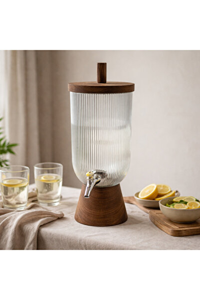 Vi Markets A transparent glass beverage serving stand with a wooden base and ...
