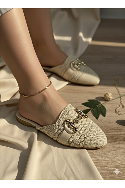 META TREND Kadın krem tokalı Hasır Görünümlü Triko Örgü Terlik !Görseldeki ak...