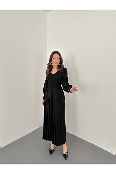 Femaura Elbise - Fm204 Pileli Robadan Kolları Taş Detaylı Uzun Elbise