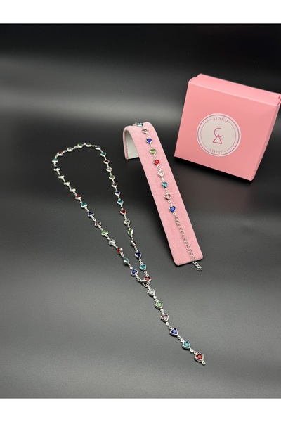 Alsem 925 Gümüş Kaplama Renkli Kalp Y Kolye ve Bileklik Seti , Sevgililer Gün...