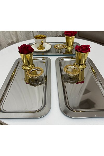 SEVA ÇELİK Three Models of 3-Piece Steel Large Tray Set, Gold Rose Bucket and...