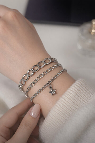 Sensio Kadın 3'Lü Yıldız Detaylı Gümüş Renk Kombin Bileklik Seti