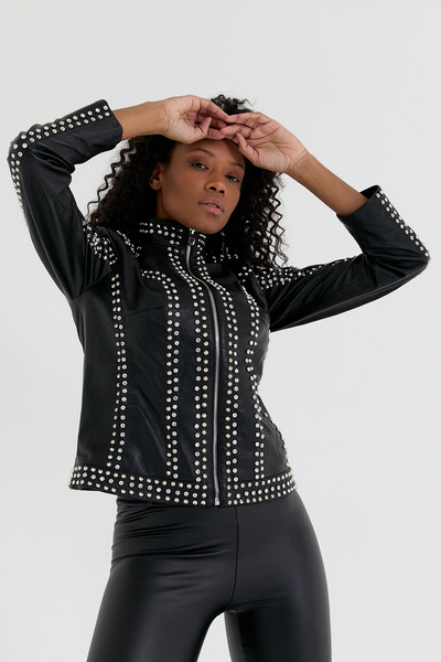 nero leather fur Zımba trok Detyalı Kadın Deri Mont