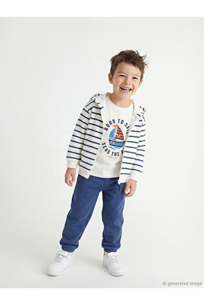 LC Waikiki Lcw Kids Ekru Printed Boys' Cardigan T-Shirt and Sweatpants