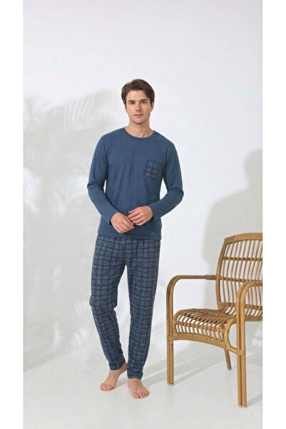 Huq Moda Men's Pajama Set Long Sleeve Top with Pocket Blue Plaid Bottom Cotto...