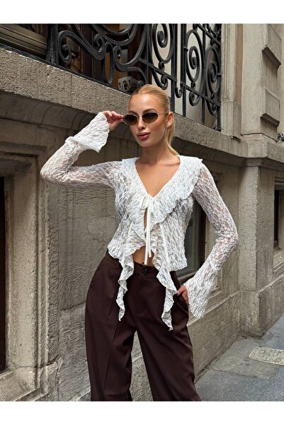 chize Flounce Trimmed Lace Blouse with Flexible Tie Detail