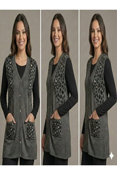 onno style woman Silvery Leopard Print Knitwear Classic Buttoned Vest