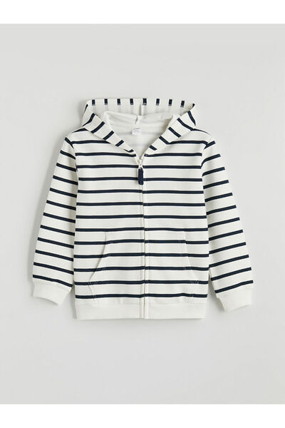 LC Waikiki Ecru cu glugă Hanorac cu fermoar pentru băiat cu dungi tricou
