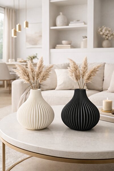 BB Craft Dekoratif Çizgili Vazo 2’li Set (Siyah & Beyaz) | Modern Minimal