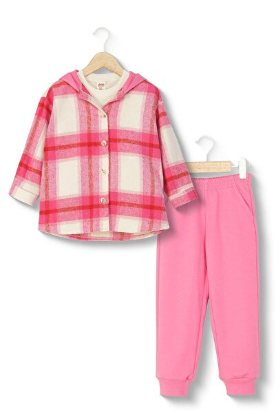 Magu Детски памучен розов тартан комплект с качулка - блуза с копчета, еласти...