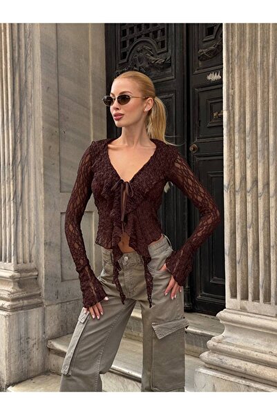 chize Bluză din dantelă cu volane și detaliu elastic de legare