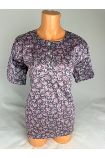 YAŞAR TRİKO Women's Buttoned U-Neck Patterned Short Sleeve Slit Woven Viscose...