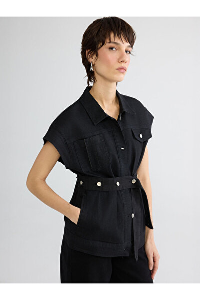 LC Waikiki Черно дамско дънково яке с яка и колан