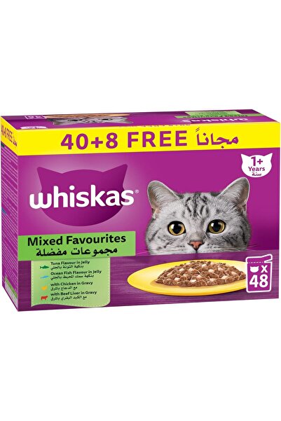 Whiskas Mixed Favorites Wet Cat Food Mega Pack of 40+8, 80g Pouch, Chicken, T...