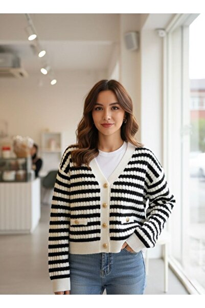 MODA Gold Buttoned V-Neck Black and White Striped Short Knit Cardigan