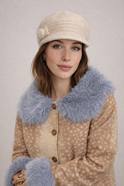 Şirin Giyim Aksesuar Kasket Şapka Kadın Peluş Yumuşak Dokulu Ekru - Angora Po...