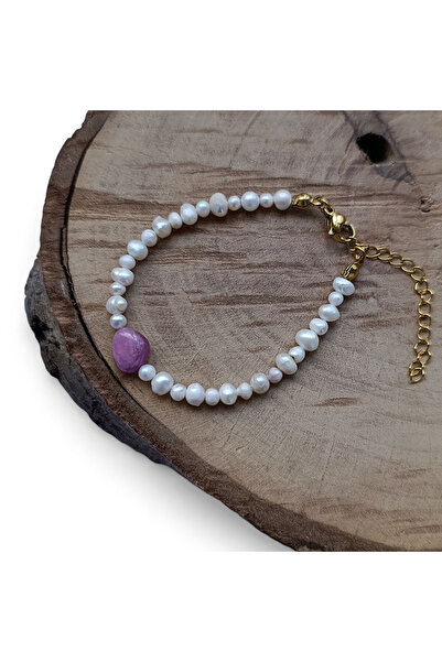 ByKolyeucum Adult Women's Steel Bracelet with Natural Ruby and Pearl