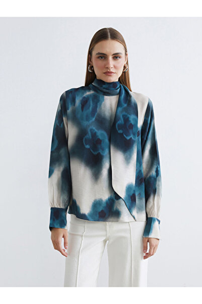 LC Waikiki Khaki Shawl Collar Batik Patterned Blouse