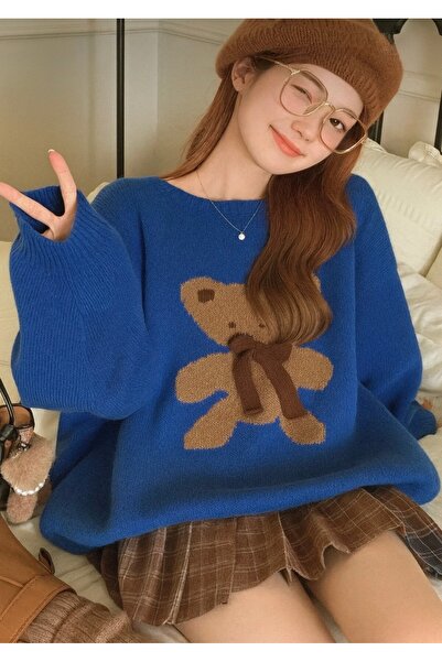 Ayıcık Desenli Oversize Triko Kazak