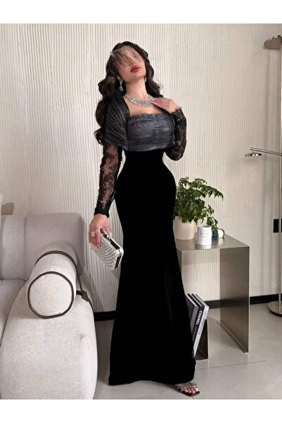 Verona Long evening dress with a fitted silhouette and lace sleeves