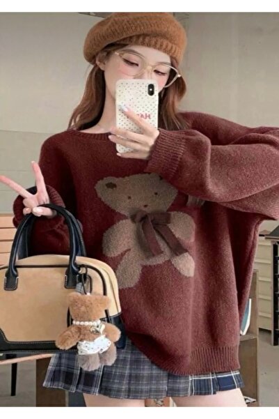 MODA Ayıcık Desenli Oversize Triko Kazak