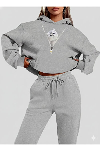 WOODROFFE Women's Zipper Cat Printed Bottom Top Oversized Women's Hooded Gray...