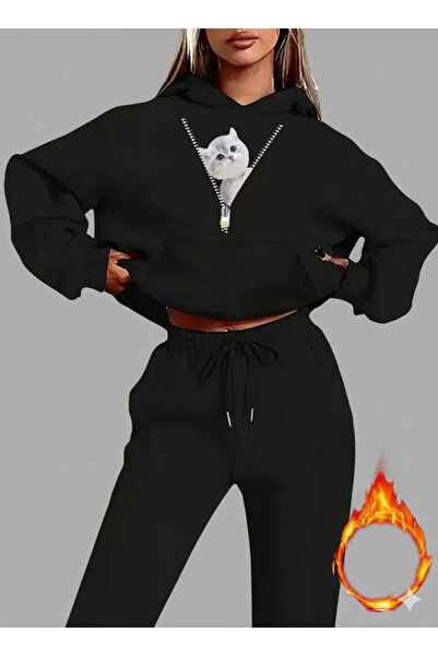 WOODROFFE Women's Zipper Cat Printed Bottom Top Oversized Women's Hooded Gray...