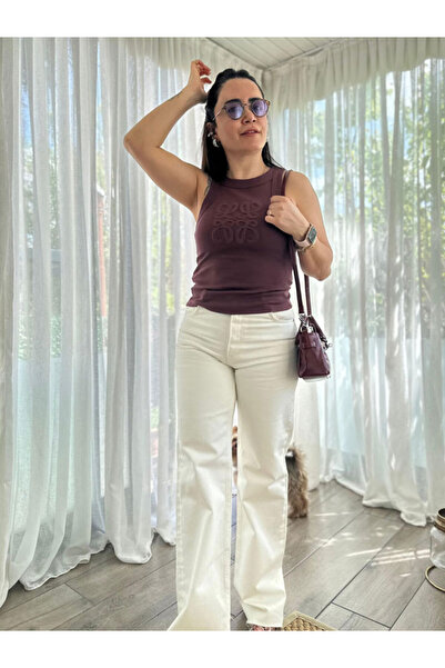 Burcu Özpıranga LOVE Nakışlı Kalın Askı Fitilli Çikolata Atlet