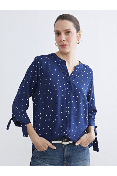 LC Waikiki Navy Blue Pointed Collar Polka Dot Blouse