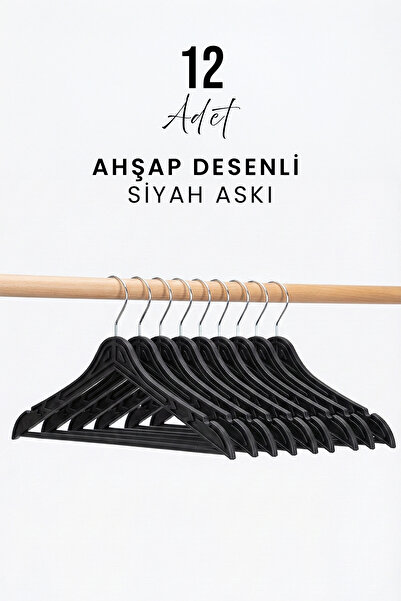 Siyempi 12 Adet Ahşap Desenli Siyah Plastik Elbise Askısı Kaymaz Döner Kancal...