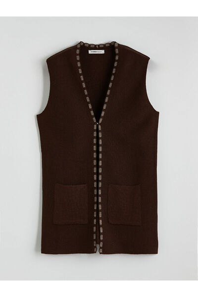 LC Waikiki Brown V-Neck Patterned Women's Knitwear Vest
