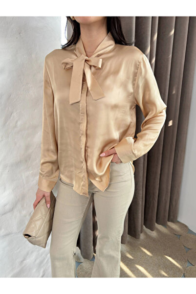 Lusin Women's Beige Bow Collar Detailed Long Sleeve Satin Shirt