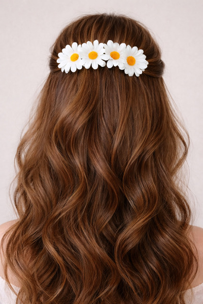 Zen Events MELS ART -Beyaz papatya saç aksesuarı ve küpe, dış çekim, nişan, l...