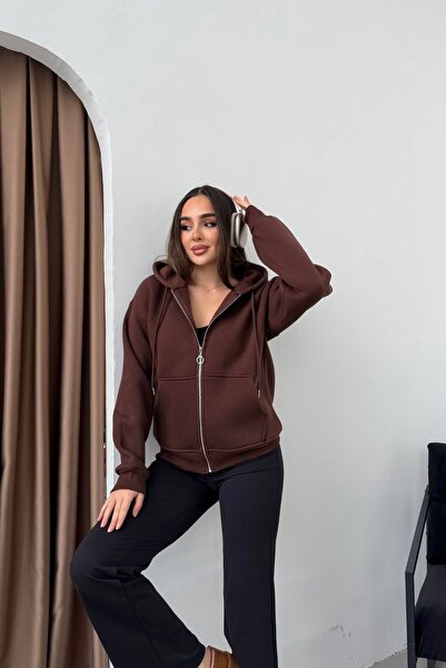 mezqa Γυναικείο φούτερ με κορδόνια με κουκούλα καφέ με φερμουάρ 3 νήματα Ş επ...