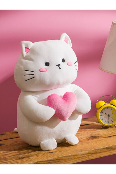 LC Waikiki White Pink Heart Cat Figured Plush Baby Pillow 37 cm Valentine's D...