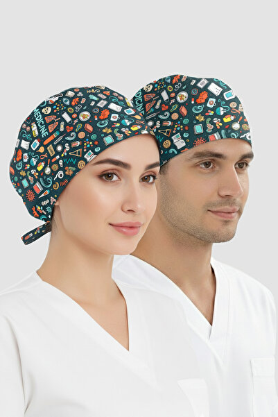 ÇİZGİ MEDİKAL Tıp Dünyası Desenli Bone (Cotton Likra Kumaş)