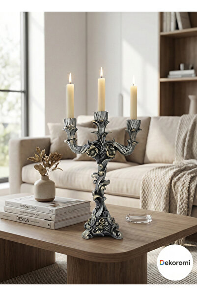 Dekoromi Dekoratif Çiçek Desenli 3 Kollu Şamdan (28x18cm) - Dekorasyon Şamdan...