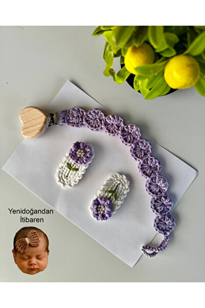 livadesign7 Yenidoğan Saçsız Bebek Tokası ve Emzik Askısı El Emeği Örgü 3'lü Set