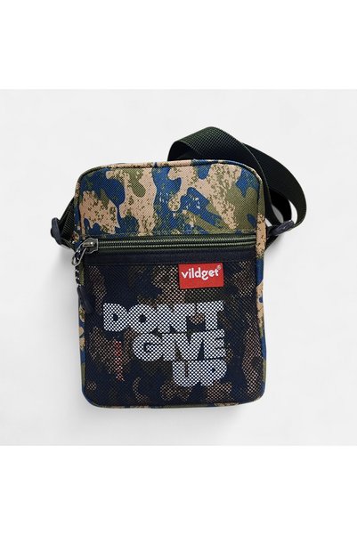 Vildget Medium Size Crossbody Bag with Camouflage Fabric and Slogan Detail Crossbody Bag 18X14X5