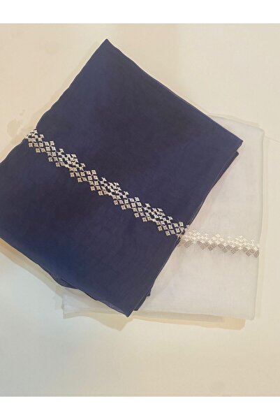 Veil Designer A set of two headscarves, one white and one navy, with white an...