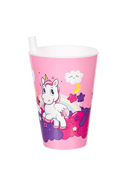 OEM Pahar din Plastic cu Pai Incorporat Roz Unicorn 400ml
