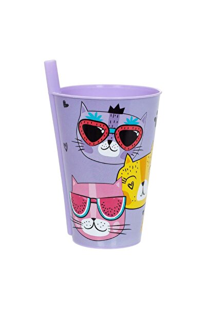 OEM Cat-patterned, lilac-colored, plastic cup for girls with a built-in straw.