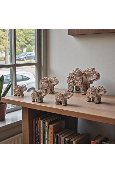 ELSELİFE Lüks İşlemeli Feng Shui 7’li Bereket Fil Biblo Seti Dekoratif Ev Ofi...