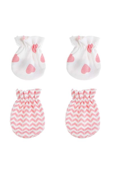 OEM White Pink Cotton Gloves with Zigzag Hearts for Babies - 2 pairs